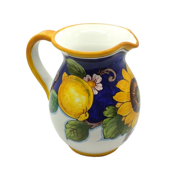 Italian Ceramic Pitcher Lemon - Hand Painted Utensil Holder  Carafe - Made in Tuscany - Pottery Vase Jar for Wine - Ceramics Dispenser