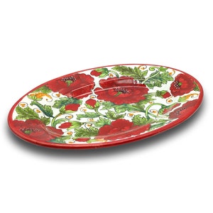 Large Oval Ceramic Tray - Italian dinnerware meat serving - Poppies Design serving tray - Hand painted Tuscan pottery bowl