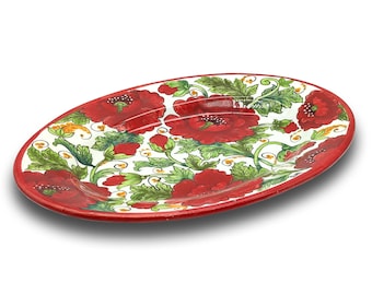 Large Oval Ceramic Tray - Italian dinnerware meat serving - Poppies Design serving tray - Hand painted Tuscan pottery bowl