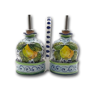 Italian Ceramic Olive Oil Vinigar Dispenser Bottles  - Hand Painted Oil Cruest Lemon  Design - Made in ITALY Tuscany - Italian Pottery