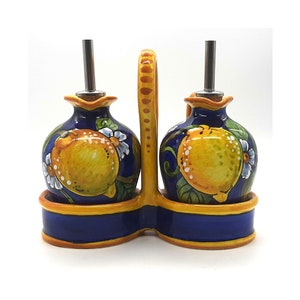 Italian Ceramic Olive Oil Vinigar Dispenser Bottles  - Hand Painted Oil Cruest Lemon  Design - Made in ITALY Tuscany - Italian Pottery