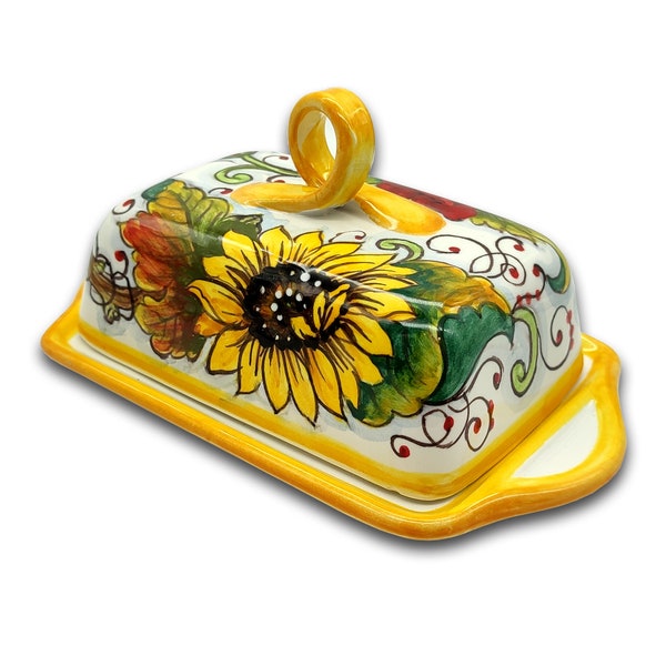 Italian Ceramic Butter dish with lid Sunflower - Hand Painted Butter Keeper - Made in ITALY - Italian Pottery Butter holder - with covers