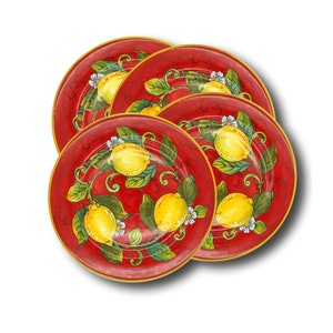 Cerâmica italiana - Conjunto de 4 pratos de jantar Red Lemon - Prato pintado à mão - Feito na ITÁLIA Toscana - Pratos de jantar de cerâmica italiana -