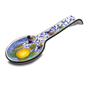 Italian Ceramic - Spoon Rest holder for kitchen counter - Hand Painted Spoon Holder- Made in ITALY - Italian Pottery – Lemon Blue decorated