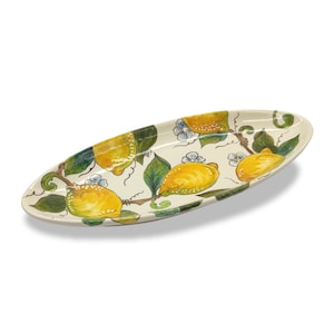 Small Oval Ceramic Tray - Italian dinnerware meat serving - Lemon beige Back serving tray - Hand painted Tuscany pottery bowl  Made in Italy