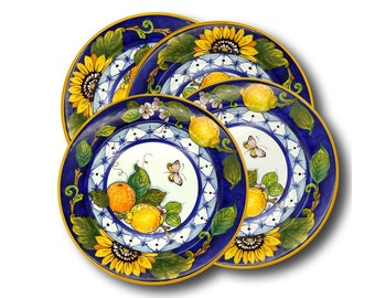 Italian Ceramic - Set of 4 dinnerware plate Sunflowers -  Hand Painted dish - Made in ITALY Tuscany - Italian Pottery dinner plates -