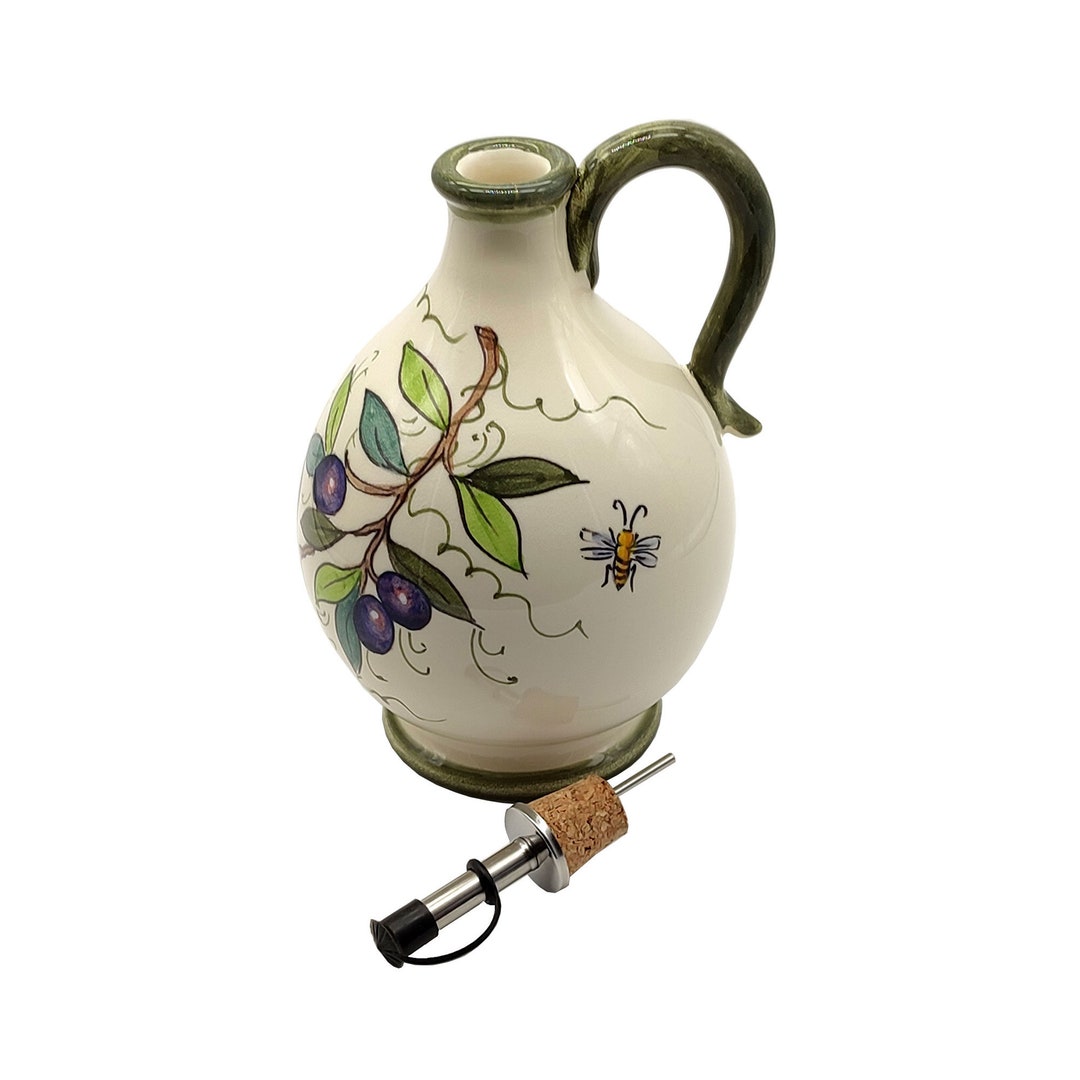 Italian Ceramic Olive Oil Dispenser Bottle XL Size Hand Painted Oil Cruet Olive Design Made in