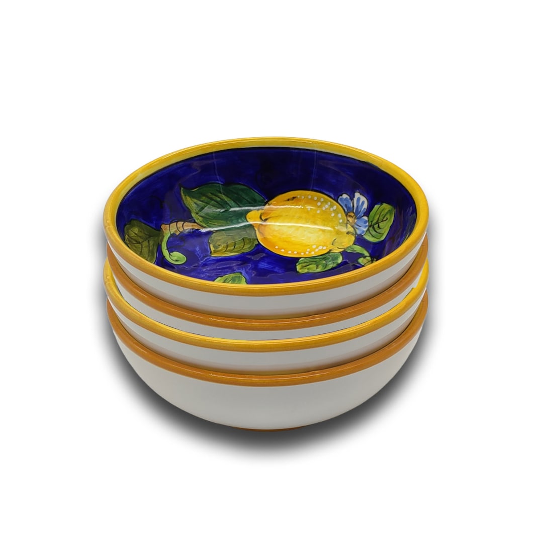 Italian Ceramic Cereal Bowls Sets for 4 Lemon Blue Design Breakfast