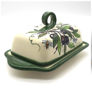 Italian Ceramic Butter dish with lid Olive design - Hand Painted Butter Keeper - Made in ITALY - Italian Pottery Butter holder - with covers