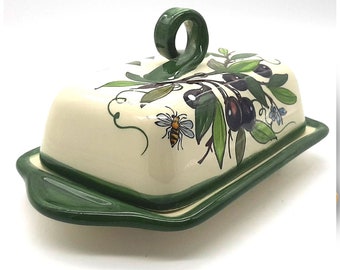 Italian Ceramic Butter dish with lid Olive design - Hand Painted Butter Keeper - Made in ITALY - Italian Pottery Butter holder - with covers