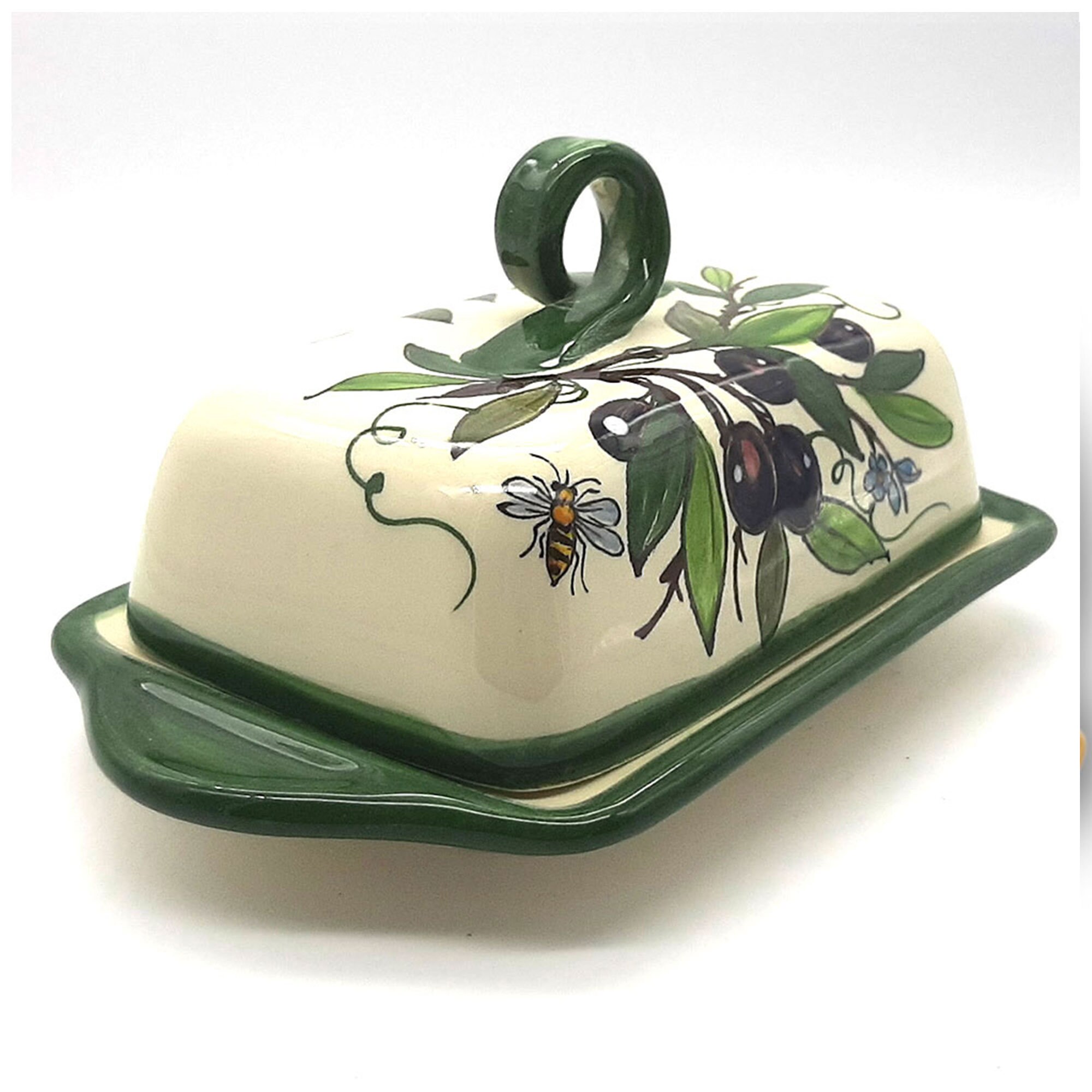 Italian Ceramic Butter Dish With Lid Olive Design - Hand