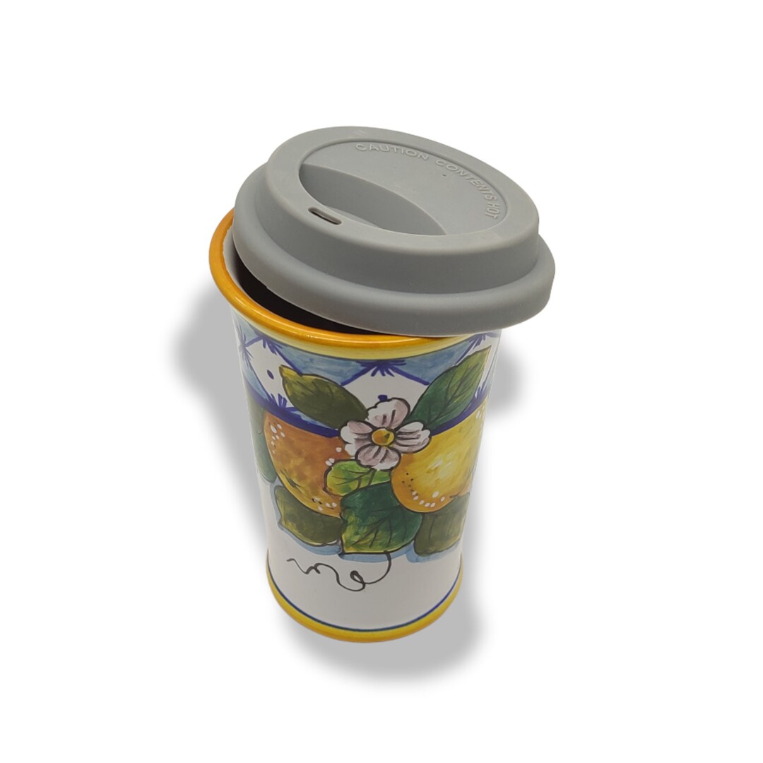 Italian Ceramic Travel Coffee Cup With Lid 12 Oz Hand Painted Tea Cups Design for Kitchen Made