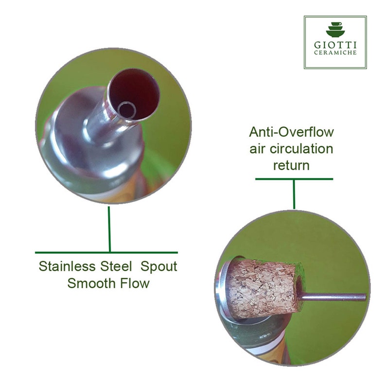 May include: Close-up of a stainless steel spout with a cork stopper. The spout has a smooth flow and an anti-overflow air circulation return. The text "Giotti Ceramiche" is visible in the top right corner.