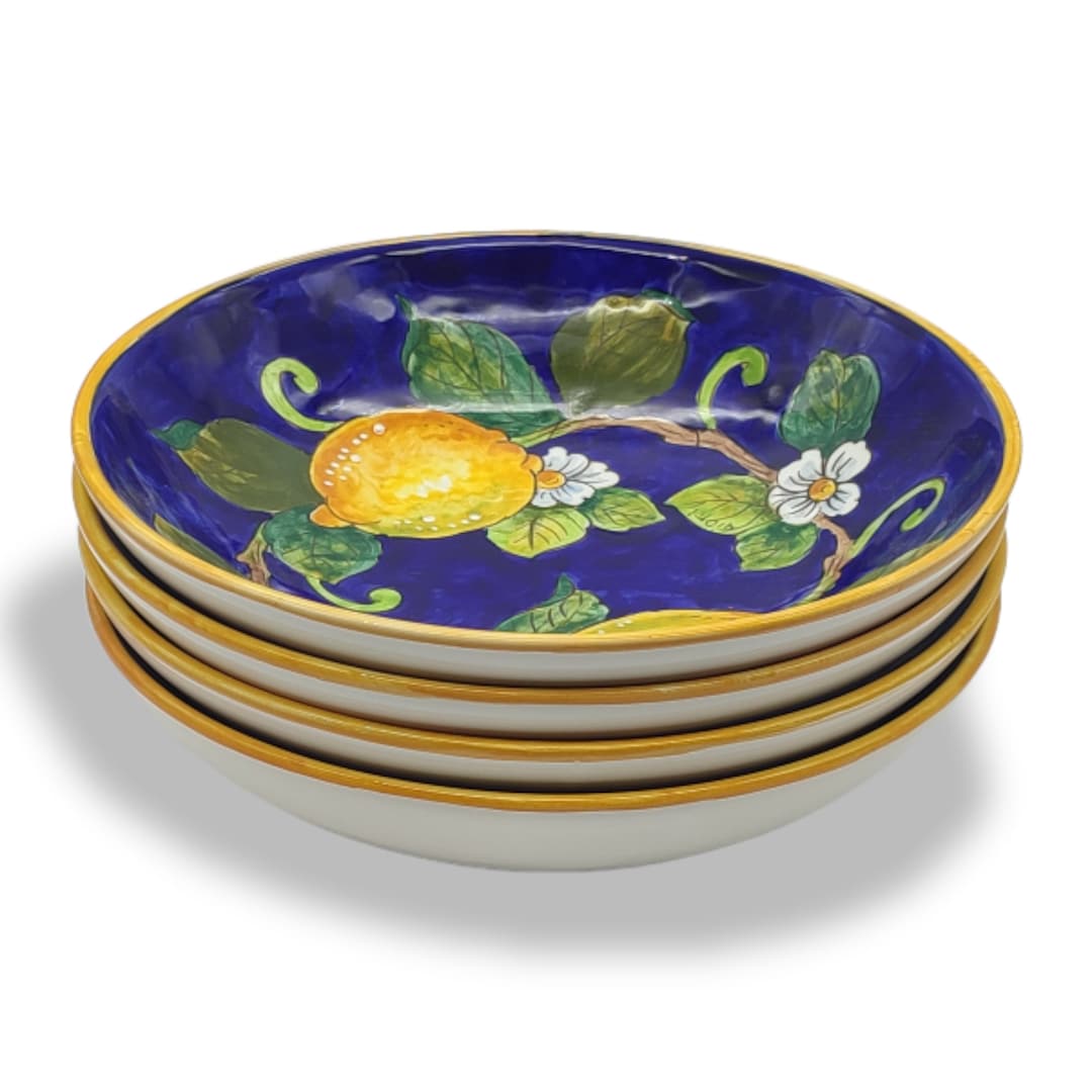 Italian Ceramic Soup Bowls Sets for 4 Lemon Blue Design Hand Painted