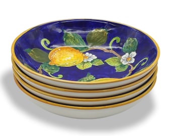 Ceramica Quadrifoglio Blue Fruits and Leaves Pattern Dinnerware  Set Of 4 Quadrifoglio Blue & Yellow Leaf Pattern Bowls 8 3/4” Made in Italy main image 0