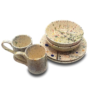 2 piece Breakfast dinnerware set - Italian Ceramics - Hand Painted -  Pottery dinner plates and bowls set - Splatter dishes set -