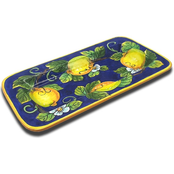 Large Ceramic Tray - Italian dinnerware  serving Tray - Yellow Lemon Blue serving tray - Hand painted Tuscany pottery - Made in Italy