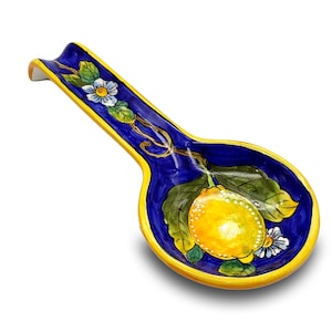 Italian Ceramic - Spoon Rest holder for kitchen counter - Hand Painted Spoon Holder- Made in ITALY - Italian Pottery – Lemon Blue decorated