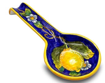 Italian Ceramic - Spoon Rest holder for kitchen counter - Hand Painted Spoon Holder- Made in ITALY - Italian Pottery – Lemon Blue decorated