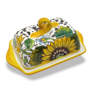 Italian Ceramic Butter dish with lid Sunflower - Hand Painted Butter Keeper - Made in ITALY - Italian Pottery Butter holder - with covers
