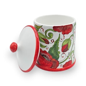 Pote de cerâmica pintado à mão com design de papoulas – Pote de armazenamento decorativo - Tampa de lata para chá, café e especiarias - Cerâmica italiana