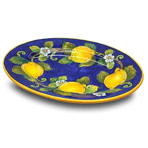 Large Oval Ceramic Tray - Italian dinnerware meat serving - White Blue Lemon serving tray - Hand painted Tuscan pottery bowl - Made in Italy