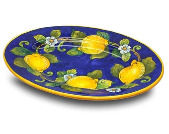 Grand plateau ovale en céramique - Service à viande en vaisselle italienne - Plateau de service citron bleu blanc - Bol en poterie toscane peint à la main - Fabriqué en Italie