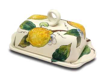 Italian Ceramic Butter dish with lid Lemon  - Hand Painted Butter Keeper - Made in ITALY - Italian Pottery Butter holder - with covers