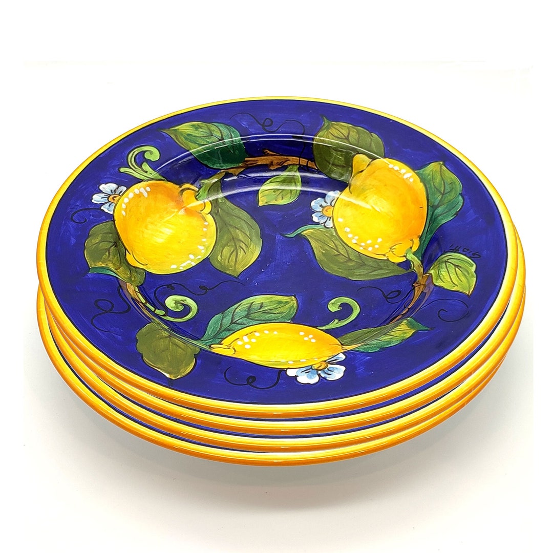 Italian Ceramic pasta Bowls Sets for 4 Lemon Blue Design Hand Painted