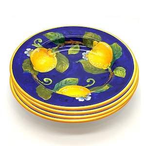 Italian Ceramic -Pasta Bowls sets for 4 Lemon blue design -  Hand Painted dish - Made in ITALY Tuscany - Italian Pottery dinner plates -