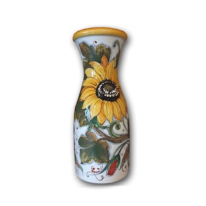 Italian Ceramic Pitcher Poppie and sunflower - Hand Painted Utensil Holder  Carafe -  Pottery Vase Jar for Wine - Ceramics Dispenser