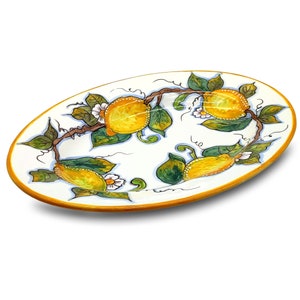 Large Oval Ceramic Tray - Italian dinnerware meat serving - White / Lemon serving tray - Hand painted Tuscan pottery bowl - Made in Italy