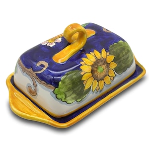 Italian Ceramic Butter dish with lid Lemon Blue - Hand Painted Butter Keeper - Made in ITALY - Italian Pottery Butter holder - with covers