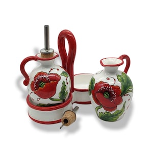 Flacons distributeurs de vinaigre d&#39;huile d&#39;olive en céramique italienne - Décor de coquelicots peints à la main - Fabriqué en Italie Toscane - Poterie italienne