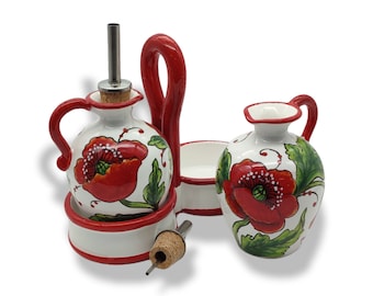 Hand-Painted Italian Ceramic Olive Oil Dispenser Set – Tuscany Poppies Decor