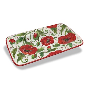 Könnte beinhalten: Weißes rechteckiges Serviertablett aus Keramik mit rotem Rand und einem floralen Design mit roten Mohnblumen und grünen Blättern.