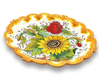 Large Oval Ceramic Tray - Italian dinnerware meat serving - Poppies Sunflower serving tray - Hand painted Tuscan pottery bowl