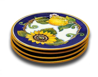 Handgeschilderde Italiaanse keramische saladeborden – citroen en zonnebloem, set van 4