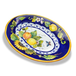 Large Oval Ceramic Tray - Italian dinnerware meat serving - White / Lemon serving tray - Hand painted Tuscan pottery bowl - Made in Italy