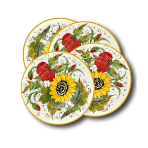 Italian Ceramic - Set of 4 dinnerware plate Sunflowers -  Hand Painted dish - Made in ITALY Tuscany - Italian Pottery dinner plates -