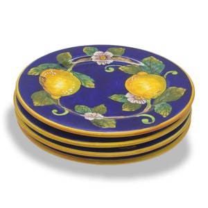 Italian Ceramic - Set of 4 Salad plate 8 1/2 inch Lemon Blue Design -  Hand Painted dish - Made in ITALY Tuscany - Italian Pottery dinner