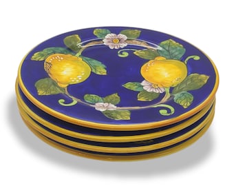 Italiaanse keramische saladeborden: set van 4, handgeschilderd citroenblauw ontwerp