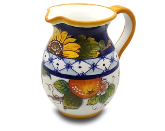 Italian Ceramic Pitcher Lemon - Hand Painted Utensil Holder  Carafe - Made in Tuscany - Pottery Vase Jar for Wine - Ceramics Dispenser