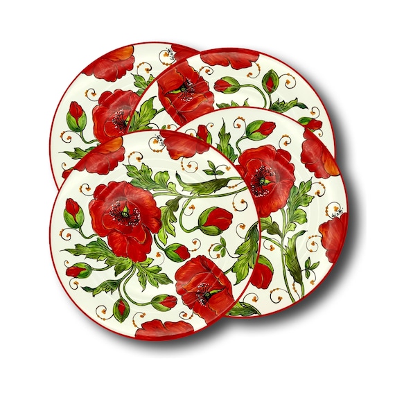 Handbemalte Italienische Keramik Teller - Set mit 4 Mohnblumen Toskana Geschirr
