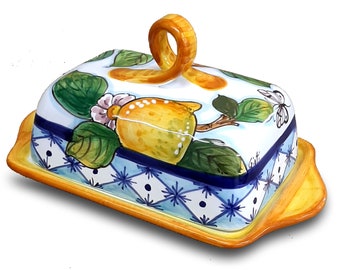 Italian Ceramic Butter dish with lid Lemon  - Hand Painted Butter Keeper - Made in ITALY - Italian Pottery Butter holder - with covers