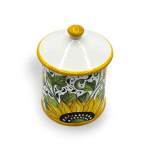 Jarra de cerâmica pintada à mão com desenho de girassol – Jarra de armazenamento decorativa - Tampa de lata para chá, café e especiarias - Cerâmica italiana