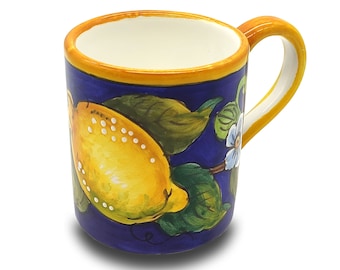 Italian Ceramic Coffee Mug Lemon Blue - 11 oz Hand Painted Tea Cups Design for Kitchen - Made in ITALY Tuscany - Italian Pottery  - Tea Cup