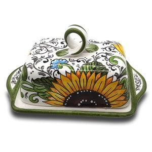 Italian Ceramic Butter dish with lid Sunflower - Hand Painted Butter Keeper - Made in ITALY - Italian Pottery Butter holder - with covers