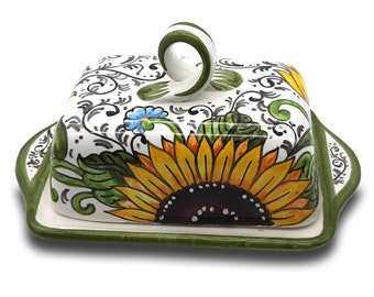 Italian Ceramic Butter dish with lid Sunflower - Hand Painted Butter Keeper - Made in ITALY - Italian Pottery Butter holder - with covers