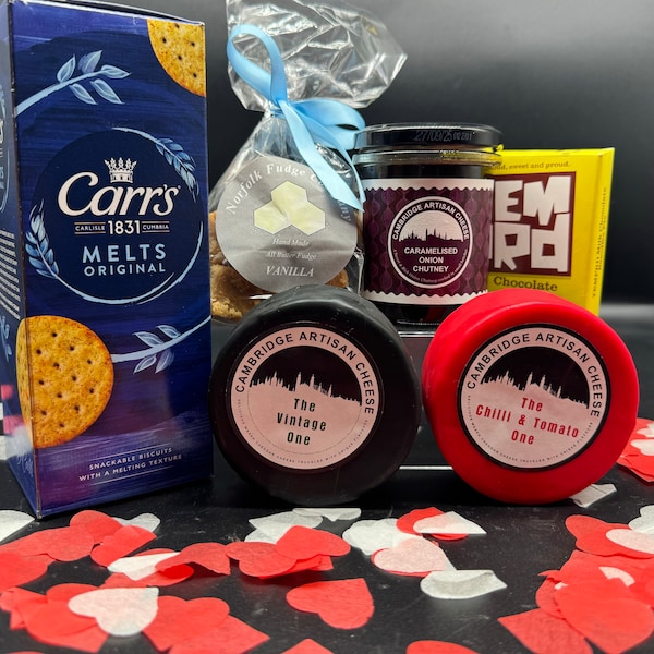 Cambridge Artisan Cheese VALENTINES 2 Cheese Hamper Gift with Chocolate, Fudge, Chutney, gift for Him or Her